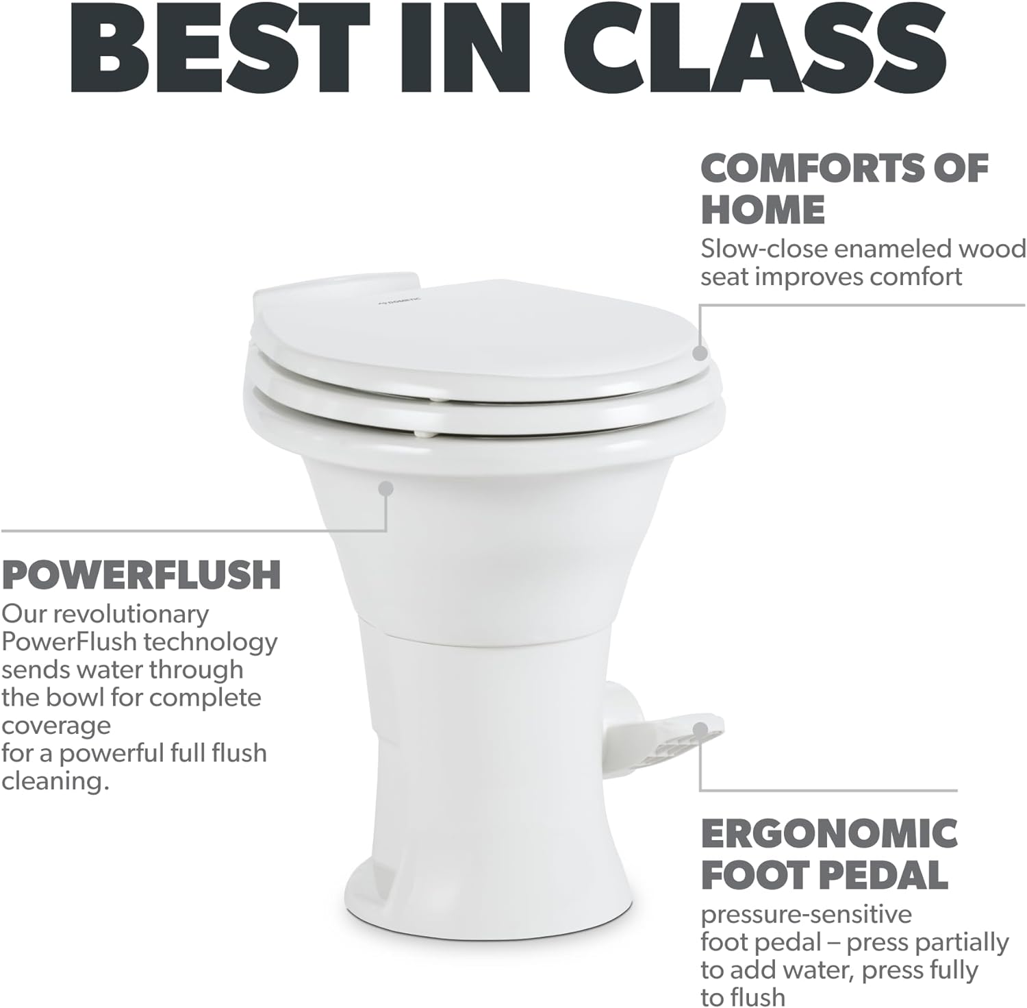 DOMETIC 310 Standard Toilet - Pressure-Enhanced Flush, Lightweight, Modern RVs, White